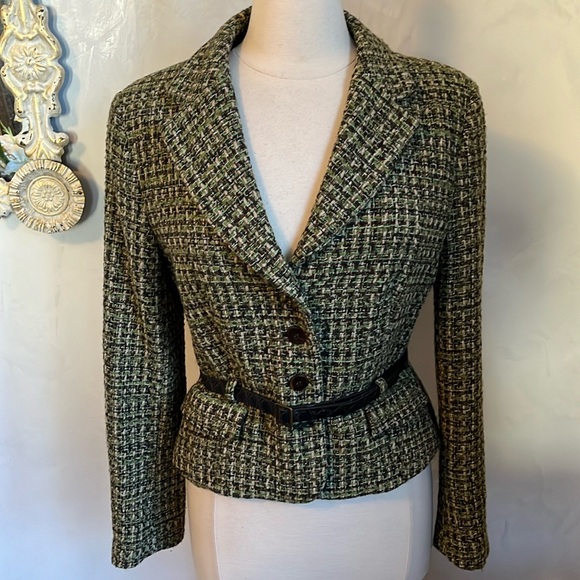 Zara Basic Green & Brown Tweed Wool blend Blazer with buttons & belt Size XL - Picture 6 of 13